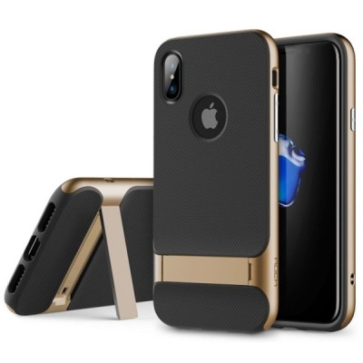 „Rock“ Royce Kickstand sustiprintos apsaugos Apple iPhone X (iPhone Xs) auksinis kieto silikono (TPU) ir plastiko dėklas / Pried