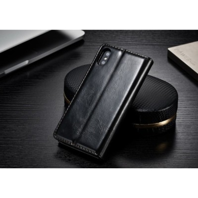 Apple iPhone X (iPhone Xs) „CaseMe“ solidus atverčiamas juodas odinis dėklas - knygutė / Priedai.lt