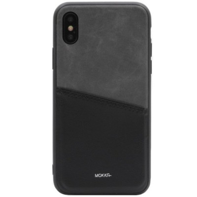 „MOKKA“ Svelte Apple iPhone X (iPhone Xs) juodas, pilkas odinis dėklas - nugarėlė su kišenėle kortelėms / Priedai.lt