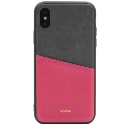 „MOKKA“ Svelte Apple iPhone X (iPhone Xs) rožinis, pilkas odinis dėklas - nugarėlė su kišenėle kortelėms / Priedai.lt