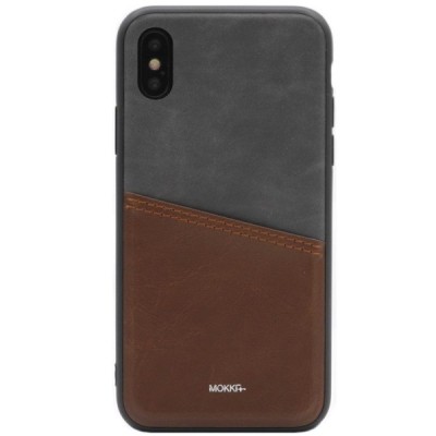 „MOKKA“ Svelte Apple iPhone X (iPhone Xs) rudas, pilkas odinis dėklas - nugarėlė su kišenėle kortelėms / Priedai.lt