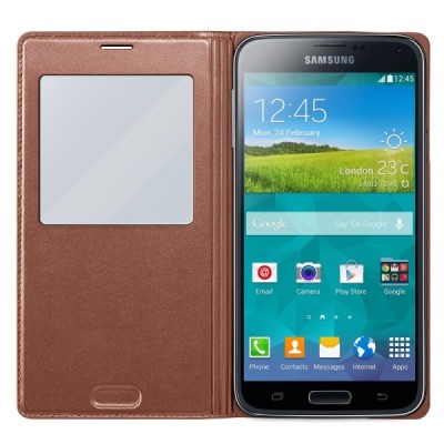 Samsung Galaxy S5 G900 (S5 Neo G903) S View Cover atverčiamas auksinis odinis dėklas / Priedai.lt