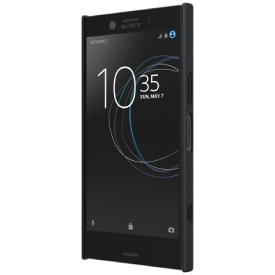 Nillkin Frosted Shield Sony Xperia XZ1 Compact juodas plastikinis dėklas + specialus kompaktiškas laikiklis telefonui pastatyti 