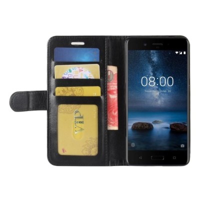 Nokia 8 atverčiamas juodas odinis Casual dėklas - piniginė / Priedai.lt