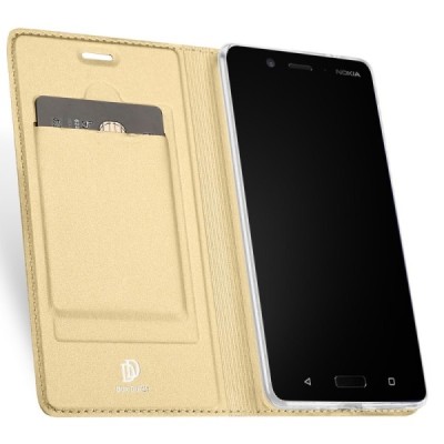 „Dux Ducis“ Skin serijos Nokia 8 auksinis odinis atverčiamas dėklas / Priedai.lt