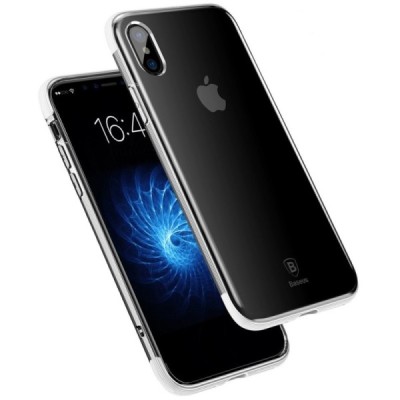 Apple iPhone X (iPhone Xs) „Baseus“ Armor Case TPU silikoninis skaidrus permatomas dėklas su baltu rėmeliu / Priedai.lt