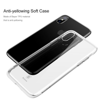Apple iPhone X (iPhone Xs) „Baseus“ Armor Case TPU silikoninis skaidrus permatomas dėklas su baltu rėmeliu / Priedai.lt