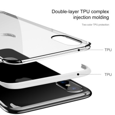 Apple iPhone X (iPhone Xs) „Baseus“ Armor Case TPU silikoninis skaidrus permatomas dėklas su baltu rėmeliu / Priedai.lt