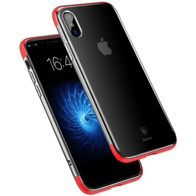 Apple iPhone X (iPhone Xs) „Baseus“ Armor Case TPU silikoninis skaidrus permatomas dėklas su raudonu rėmeliu / Priedai.lt