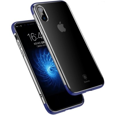 Apple iPhone X (iPhone Xs) „Baseus“ Armor Case TPU silikoninis skaidrus permatomas dėklas su mėlynu rėmeliu / Priedai.lt