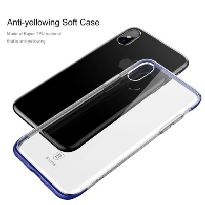 Apple iPhone X (iPhone Xs) „Baseus“ Armor Case TPU silikoninis skaidrus permatomas dėklas su mėlynu rėmeliu / Priedai.lt