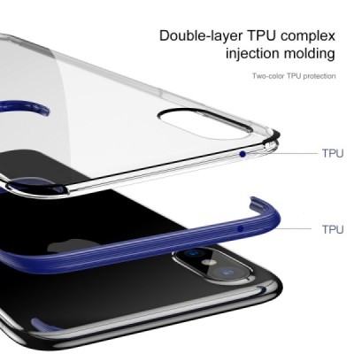 Apple iPhone X (iPhone Xs) „Baseus“ Armor Case TPU silikoninis skaidrus permatomas dėklas su mėlynu rėmeliu / Priedai.lt