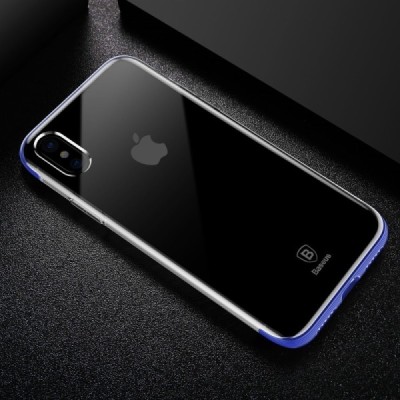 Apple iPhone X (iPhone Xs) „Baseus“ Armor Case TPU silikoninis skaidrus permatomas dėklas su mėlynu rėmeliu / Priedai.lt