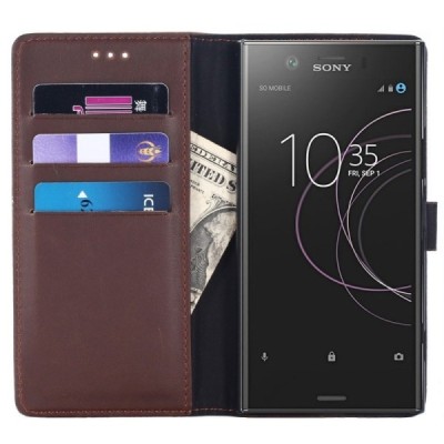 Sony Xperia XZ1 Compact atverčiamas tamsiai rudas odinis retro dėklas - piniginė / Priedai.lt