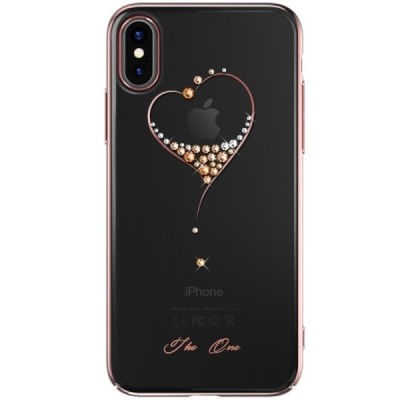 Apple iPhone X (iPhone Xs) Kingxbar Crystal  Love Swarovski plastikinis skaidrus permatomas rožinis dėklas su kristalais / Pried