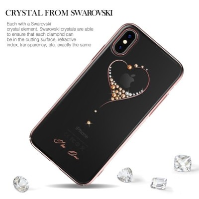 Apple iPhone X (iPhone Xs) Kingxbar Crystal  Love Swarovski plastikinis skaidrus permatomas rožinis dėklas su kristalais / Pried
