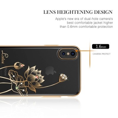 Apple iPhone X (iPhone Xs) Kingxbar Crystal  Lotus Swarovski plastikinis skaidrus permatomas auksinis dėklas su kristalais / Pri