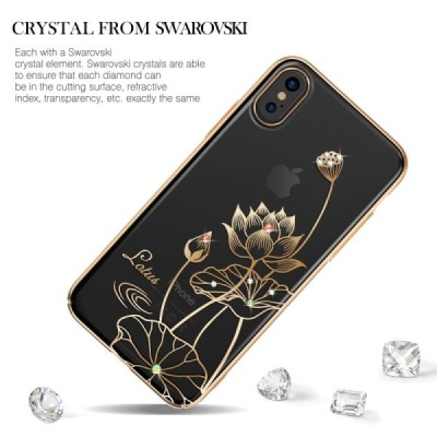 Apple iPhone X (iPhone Xs) Kingxbar Crystal  Lotus Swarovski plastikinis skaidrus permatomas auksinis dėklas su kristalais / Pri