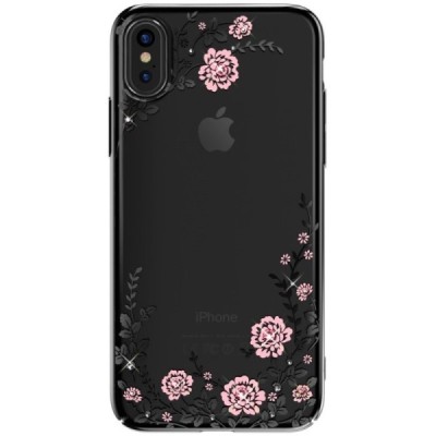 Apple iPhone X (iPhone Xs) „Kavaro“ Crystal  Flowers Swarovski plastikinis skaidrus permatomas juodas dėklas su kristalais / Pri