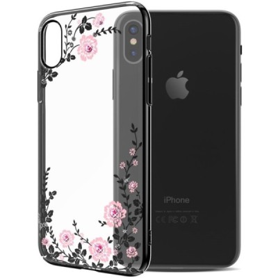 Apple iPhone X (iPhone Xs) „Kavaro“ Crystal  Flowers Swarovski plastikinis skaidrus permatomas juodas dėklas su kristalais / Pri
