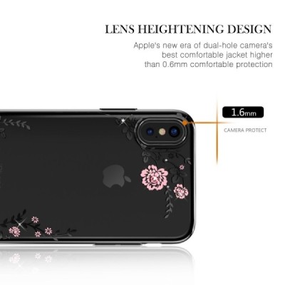 Apple iPhone X (iPhone Xs) „Kavaro“ Crystal  Flowers Swarovski plastikinis skaidrus permatomas juodas dėklas su kristalais / Pri