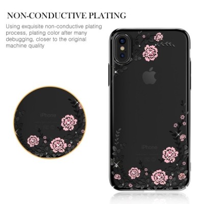 Apple iPhone X (iPhone Xs) „Kavaro“ Crystal  Flowers Swarovski plastikinis skaidrus permatomas juodas dėklas su kristalais / Pri