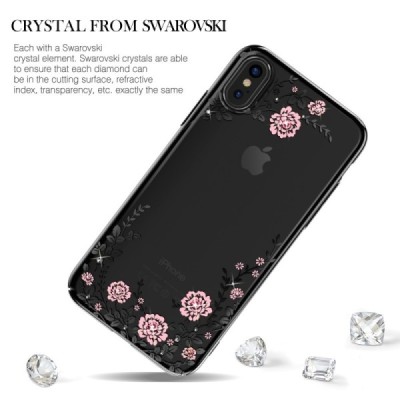 Apple iPhone X (iPhone Xs) „Kavaro“ Crystal  Flowers Swarovski plastikinis skaidrus permatomas juodas dėklas su kristalais / Pri
