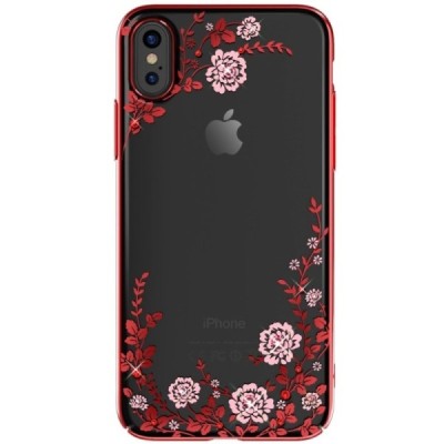 Apple iPhone X (iPhone Xs) „Kavaro“ Crystal  Flowers Swarovski plastikinis skaidrus permatomas raudonas dėklas su kristalais / P
