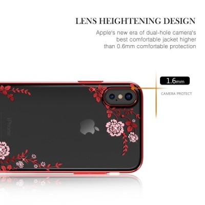 Apple iPhone X (iPhone Xs) „Kavaro“ Crystal  Flowers Swarovski plastikinis skaidrus permatomas raudonas dėklas su kristalais / P
