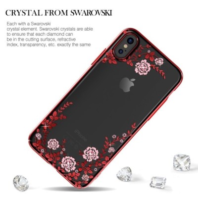 Apple iPhone X (iPhone Xs) „Kavaro“ Crystal  Flowers Swarovski plastikinis skaidrus permatomas raudonas dėklas su kristalais / P