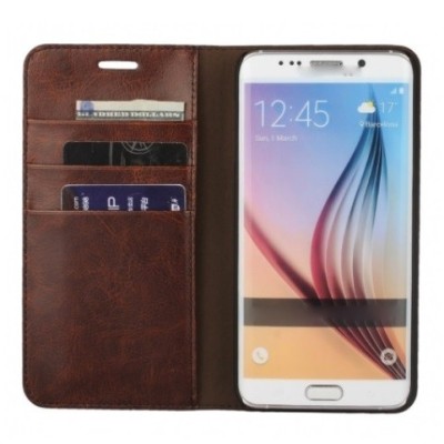 Samsung Galaxy S6 Edge+ (G928) „Faux Leather“ atverčiamas tamsiai rudas odinis dėklas - knygutė / Priedai.lt
