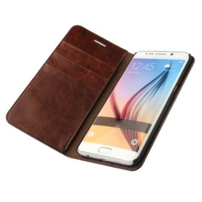 Samsung Galaxy S6 Edge+ (G928) „Faux Leather“ atverčiamas tamsiai rudas odinis dėklas - knygutė / Priedai.lt