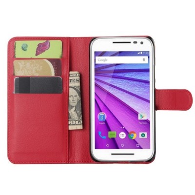 Motorola Moto G 3 kartos (Gen 3) atverčiamas raudonas odinis Litchi dėklas - piniginė / Priedai.lt