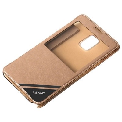 Samsung Galaxy Note 4 (N910) Usams Viva aukso spalvos atverčiamas dėklas su langeliu / Priedai.lt