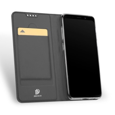 „Dux Ducis“ Skin serijos Samsung Galaxy A8+ 2018 (A730F) juodas odinis atverčiamas dėklas / Priedai.lt