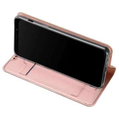 „Dux Ducis“ Skin serijos Samsung Galaxy A8+ 2018 (A730F) rožinis odinis atverčiamas dėklas / Priedai.lt