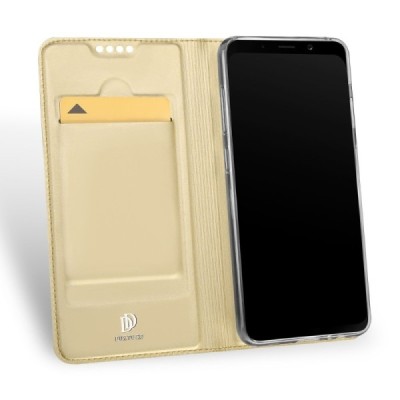 „Dux Ducis“ Skin serijos Samsung Galaxy A8+ 2018 (A730F) auksinis odinis atverčiamas dėklas / Priedai.lt