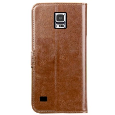 Samsung Galaxy S5 (S5 Neo) atverčiamas rudas odinis dėklas, knygutė - piniginė / Priedai.lt