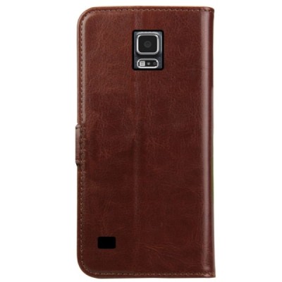 Samsung Galaxy S5 (S5 Neo) atverčiamas tamsiai rudas odinis dėklas, knygutė - piniginė / Priedai.lt