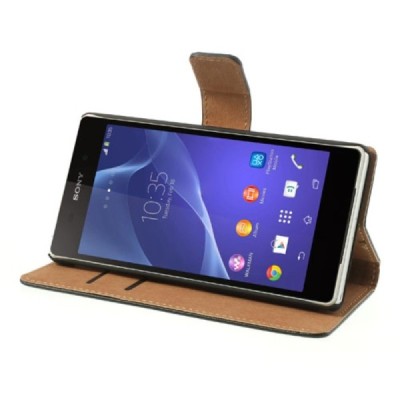 Sony Xperia Z2 atverčiamas juodas odinis dėklas, knygutė - piniginė / Priedai.lt