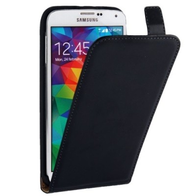 Samsung Galaxy S5 (S5 Neo) klasikinis vertikaliai atverčiamas juodas tekstilinis dėklas / Priedai.lt