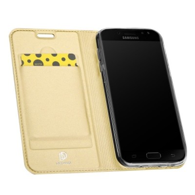 „Dux Ducis“ Skin serijos Samsung Galaxy J3 2017 (J330) auksinis odinis atverčiamas dėklas / Priedai.lt