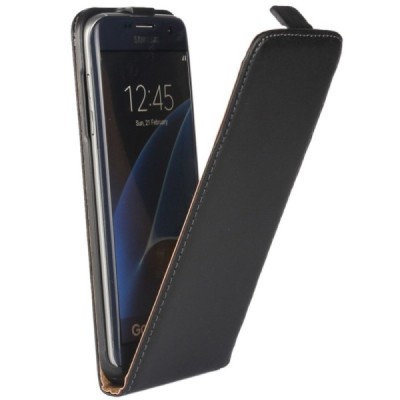 Samsung Galaxy S7 Edge (G935) klasikinis vertikaliai atverčiamas juodas odinis dėklas / Priedai.lt