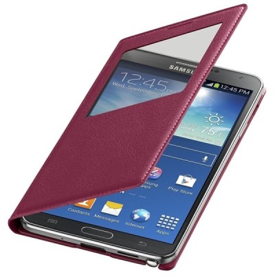Samsung Galaxy Note 3 tamsiai rožinis odinis atverčiamas „View Window“ dėklas su langeliu / Priedai.lt