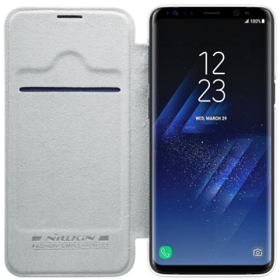 Prabangus „Nillkin“ Qin serijos baltas odinis atverčiamas Samsung Galaxy S9 (G960) dėklas / Priedai.lt