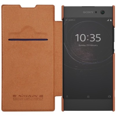 Prabangus „Nillkin“ Qin serijos rudas odinis atverčiamas Sony Xperia XA2 (XA2 Dual) dėklas - knygutė / Priedai.lt