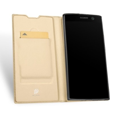 „Dux Ducis“ Skin serijos Sony Xperia XA2 (XA2 Dual) auksinis odinis atverčiamas dėklas / Priedai.lt