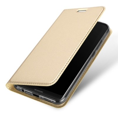 „Dux Ducis“ Skin serijos Huawei P20 Lite (Nova 3e) auksinis odinis atverčiamas dėklas / Priedai.lt