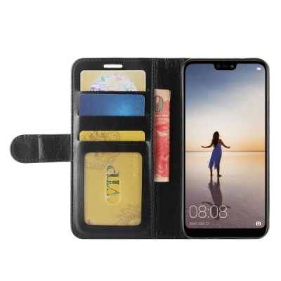 Huawei P20 Lite (Nova 3e) atverčiamas juodas odinis dėklas, knygutė - piniginė / Priedai.lt