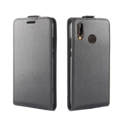Huawei P20 Lite (Nova 3e) klasikinis vertikaliai atverčiamas juodas odinis dėklas / Priedai.lt